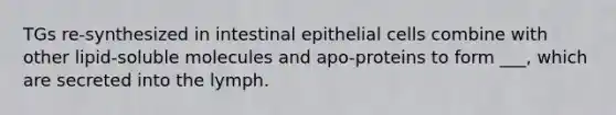 TGs re-synthesized in intestinal epithelial cells combine with other lipid-soluble molecules and apo-proteins to form ___, which are secreted into the lymph.