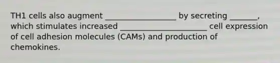 TH1 cells also augment __________________ by secreting _______, which stimulates increased ______________________ cell expression of cell adhesion molecules (CAMs) and production of chemokines.