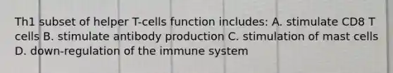 Th1 subset of helper T-cells function includes: A. stimulate CD8 T cells B. stimulate antibody production C. stimulation of mast cells D. down-regulation of the immune system