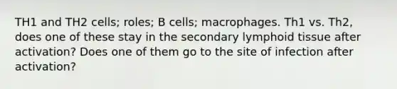 TH1 and TH2 cells; roles; B cells; macrophages. Th1 vs. Th2, does one of these stay in the secondary lymphoid tissue after activation? Does one of them go to the site of infection after activation?