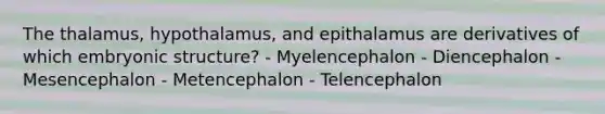 The thalamus, hypothalamus, and epithalamus are derivatives of which embryonic structure? - Myelencephalon - Diencephalon - Mesencephalon - Metencephalon - Telencephalon