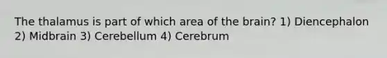 The thalamus is part of which area of the brain? 1) Diencephalon 2) Midbrain 3) Cerebellum 4) Cerebrum