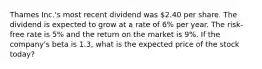 Thames Inc.'s most recent dividend was 2.40 per share. The dividend is expected to grow at a rate of 6% per year. The risk-free rate is 5% and the return on the market is 9%. If the company's beta is 1.3, what is the expected price of the stock today?