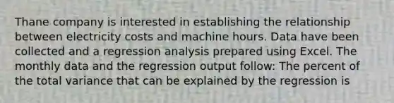 Thane company is interested in establishing the relationship between electricity costs and machine hours. Data have been collected and a regression analysis prepared using Excel. The monthly data and the regression output follow: The percent of the total variance that can be explained by the regression is