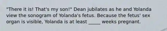 "There it is! That's my son!" Dean jubilates as he and Yolanda view the sonogram of Yolanda's fetus. Because the fetus' sex organ is visible, Yolanda is at least _____ weeks pregnant.