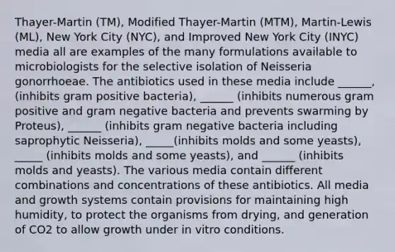 Thayer-Martin (TM), Modified Thayer-Martin (MTM), Martin-Lewis (ML), New York City (NYC), and Improved New York City (INYC) media all are examples of the many formulations available to microbiologists for the selective isolation of Neisseria gonorrhoeae. The antibiotics used in these media include ______, (inhibits gram positive bacteria), ______ (inhibits numerous gram positive and gram negative bacteria and prevents swarming by Proteus), ______ (inhibits gram negative bacteria including saprophytic Neisseria), _____(inhibits molds and some yeasts), _____ (inhibits molds and some yeasts), and ______ (inhibits molds and yeasts). The various media contain different combinations and concentrations of these antibiotics. All media and growth systems contain provisions for maintaining high humidity, to protect the organisms from drying, and generation of CO2 to allow growth under in vitro conditions.