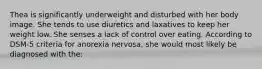 Thea is significantly underweight and disturbed with her body image. She tends to use diuretics and laxatives to keep her weight low. She senses a lack of control over eating. According to DSM-5 criteria for anorexia nervosa, she would most likely be diagnosed with the: