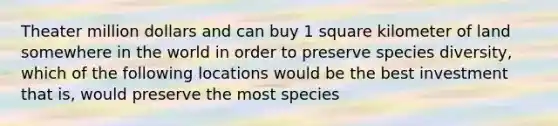 Theater million dollars and can buy 1 square kilometer of land somewhere in the world in order to preserve species diversity, which of the following locations would be the best investment that is, would preserve the most species