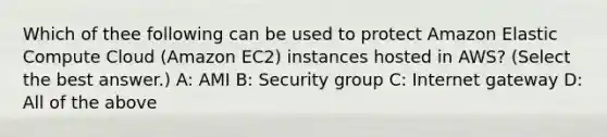 Which of thee following can be used to protect Amazon Elastic Compute Cloud (Amazon EC2) instances hosted in AWS? (Select the best answer.) A: AMI B: Security group C: Internet gateway D: All of the above