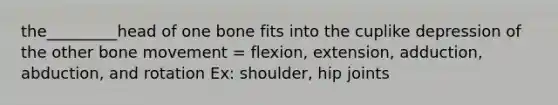 the_________head of one bone fits into the cuplike depression of the other bone movement = flexion, extension, adduction, abduction, and rotation Ex: shoulder, hip joints