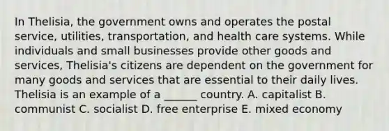 In Thelisia, the government owns and operates the postal service, utilities, transportation, and health care systems. While individuals and small businesses provide other goods and services, Thelisia's citizens are dependent on the government for many goods and services that are essential to their daily lives. Thelisia is an example of a ______ country. A. capitalist B. communist C. socialist D. free enterprise E. mixed economy