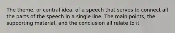 The theme, or central idea, of a speech that serves to connect all the parts of the speech in a single line. The main points, the supporting material, and the conclusion all relate to it