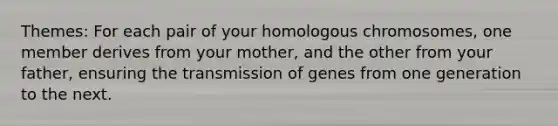 Themes: For each pair of your homologous chromosomes, one member derives from your mother, and the other from your father, ensuring the transmission of genes from one generation to the next.