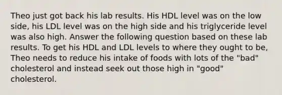 Theo just got back his lab results. His HDL level was on the low side, his LDL level was on the high side and his triglyceride level was also high. Answer the following question based on these lab results. To get his HDL and LDL levels to where they ought to be, Theo needs to reduce his intake of foods with lots of the "bad" cholesterol and instead seek out those high in "good" cholesterol.