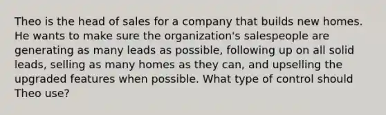 Theo is the head of sales for a company that builds new homes. He wants to make sure the organization's salespeople are generating as many leads as possible, following up on all solid leads, selling as many homes as they can, and upselling the upgraded features when possible. What type of control should Theo use?