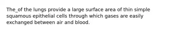 The_of the lungs provide a large surface area of thin simple squamous epithelial cells through which gases are easily exchanged between air and blood.