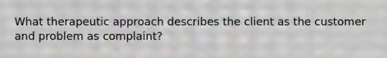What therapeutic approach describes the client as the customer and problem as complaint?