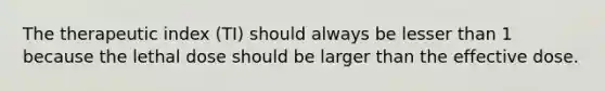 The therapeutic index (TI) should always be lesser than 1 because the lethal dose should be larger than the effective dose.