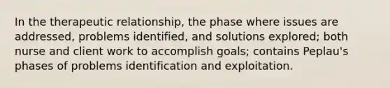 In the therapeutic relationship, the phase where issues are addressed, problems identified, and solutions explored; both nurse and client work to accomplish goals; contains Peplau's phases of problems identification and exploitation.