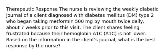 Therapeutic Response​ The nurse is reviewing the weekly diabetic journal of a client diagnosed with diabetes mellitus (DM) type 2 who began taking metformin 500 mg by mouth twice daily, about 7 weeks prior to this visit. The client shares feeling frustrated because their hemoglobin A1C (A1C) is not lower. Based on the information in the client's journal, what is the best response by the nurse?