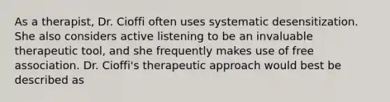 As a therapist, Dr. Cioffi often uses systematic desensitization. She also considers active listening to be an invaluable therapeutic tool, and she frequently makes use of free association. Dr. Cioffi's therapeutic approach would best be described as