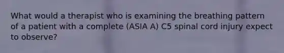 What would a therapist who is examining the breathing pattern of a patient with a complete (ASIA A) C5 spinal cord injury expect to observe?