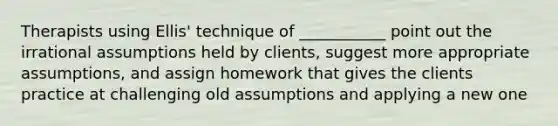 Therapists using Ellis' technique of ___________ point out the irrational assumptions held by clients, suggest more appropriate assumptions, and assign homework that gives the clients practice at challenging old assumptions and applying a new one