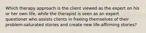 Which therapy approach is the client viewed as the expert on his or her own life, while the therapist is seen as an expert questioner who assists clients in freeing themselves of their problem-saturated stories and create new life-affirming stories?