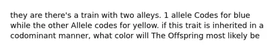 they are there's a train with two alleys. 1 allele Codes for blue while the other Allele codes for yellow. if this trait is inherited in a codominant manner, what color will The Offspring most likely be