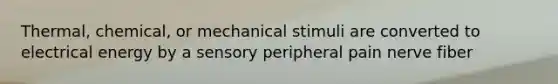 Thermal, chemical, or mechanical stimuli are converted to electrical energy by a sensory peripheral pain nerve fiber