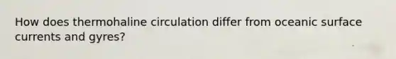 How does thermohaline circulation differ from oceanic surface currents and gyres?