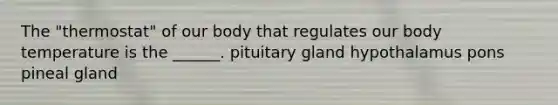 The "thermostat" of our body that regulates our body temperature is the ______. pituitary gland hypothalamus pons pineal gland