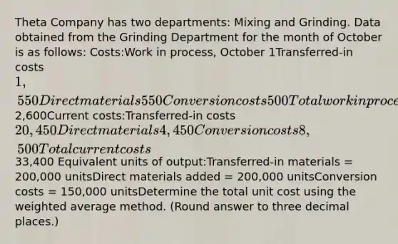 Theta Company has two departments: Mixing and Grinding. Data obtained from the Grinding Department for the month of October is as follows: Costs:Work in process, October 1Transferred-in costs1,550Direct materials550Conversion costs 500Total work in process2,600Current costs:Transferred-in costs20,450Direct materials4,450Conversion costs 8,500Total current costs33,400 Equivalent units of output:Transferred-in materials = 200,000 unitsDirect materials added = 200,000 unitsConversion costs = 150,000 unitsDetermine the total unit cost using the weighted average method. (Round answer to three decimal places.)