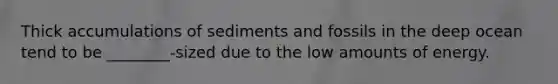 Thick accumulations of sediments and fossils in the deep ocean tend to be ________-sized due to the low amounts of energy.