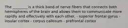 The ________ is a thick band of nerve fibers that connects both hemispheres of the brain and allows them to communicate more rapidly and effectively with each other. - superior frontal gyrus - insular cortex - corpus callosum - prefrontal cortex