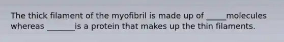 The thick filament of the myofibril is made up of _____molecules whereas _______is a protein that makes up the thin filaments.