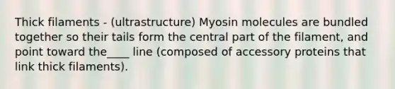 Thick filaments - (ultrastructure) Myosin molecules are bundled together so their tails form the central part of the filament, and point toward the____ line (composed of accessory proteins that link thick filaments).