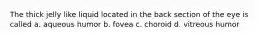 The thick jelly like liquid located in the back section of the eye is called a. aqueous humor b. fovea c. choroid d. vitreous humor