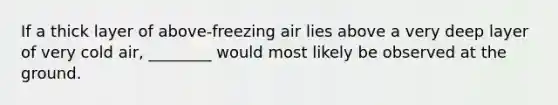 If a thick layer of above-freezing air lies above a very deep layer of very cold air, ________ would most likely be observed at the ground.