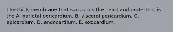 The thick membrane that surrounds the heart and protects it is the A. parietal pericardium. B. visceral pericardium. C. epicardium. D. endocardium. E. exocardium.