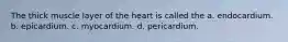 The thick muscle layer of the heart is called the a. endocardium. b. epicardium. c. myocardium. d. pericardium.