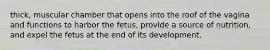 thick, muscular chamber that opens into the roof of the vagina and functions to harbor the fetus, provide a source of nutrition, and expel the fetus at the end of its development.