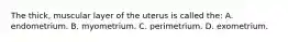 The thick, muscular layer of the uterus is called the: A. endometrium. B. myometrium. C. perimetrium. D. exometrium.