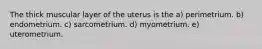 The thick muscular layer of the uterus is the a) perimetrium. b) endometrium. c) sarcometrium. d) myometrium. e) uterometrium.