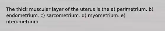 The thick muscular layer of the uterus is the a) perimetrium. b) endometrium. c) sarcometrium. d) myometrium. e) uterometrium.