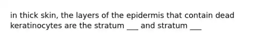 in thick skin, the layers of <a href='https://www.questionai.com/knowledge/kBFgQMpq6s-the-epidermis' class='anchor-knowledge'>the epidermis</a> that contain dead keratinocytes are the stratum ___ and stratum ___