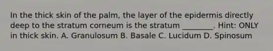 In the thick skin of the palm, the layer of <a href='https://www.questionai.com/knowledge/kBFgQMpq6s-the-epidermis' class='anchor-knowledge'>the epidermis</a> directly deep to the stratum corneum is the stratum ________. Hint: ONLY in thick skin. A. Granulosum B. Basale C. Lucidum D. Spinosum