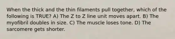 When the thick and the thin filaments pull together, which of the following is TRUE? A) The Z to Z line unit moves apart. B) The myofibril doubles in size. C) The muscle loses tone. D) The sarcomere gets shorter.