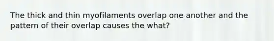 The thick and thin myofilaments overlap one another and the pattern of their overlap causes the what?