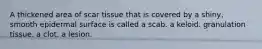A thickened area of scar tissue that is covered by a shiny, smooth epidermal surface is called a scab. a keloid. granulation tissue. a clot. a lesion.